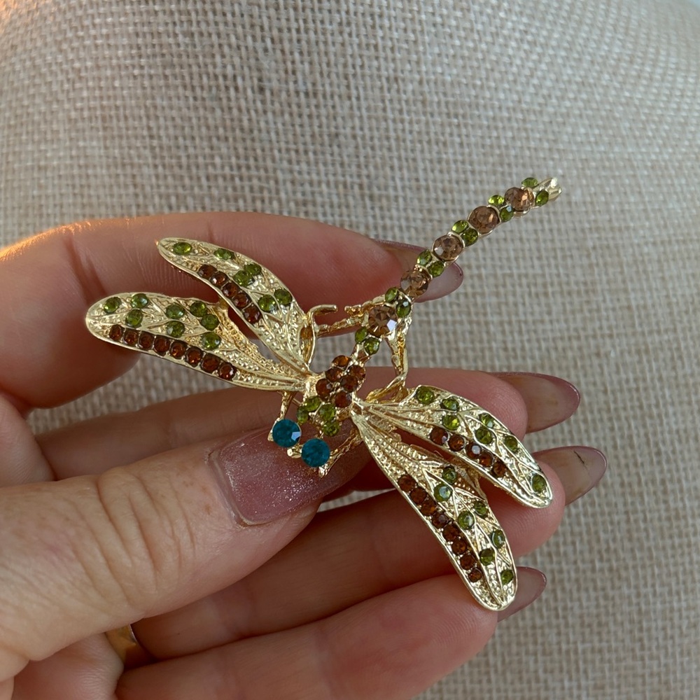 Gold-Tone Dragonfly Brooch with Green and Teal Crystals